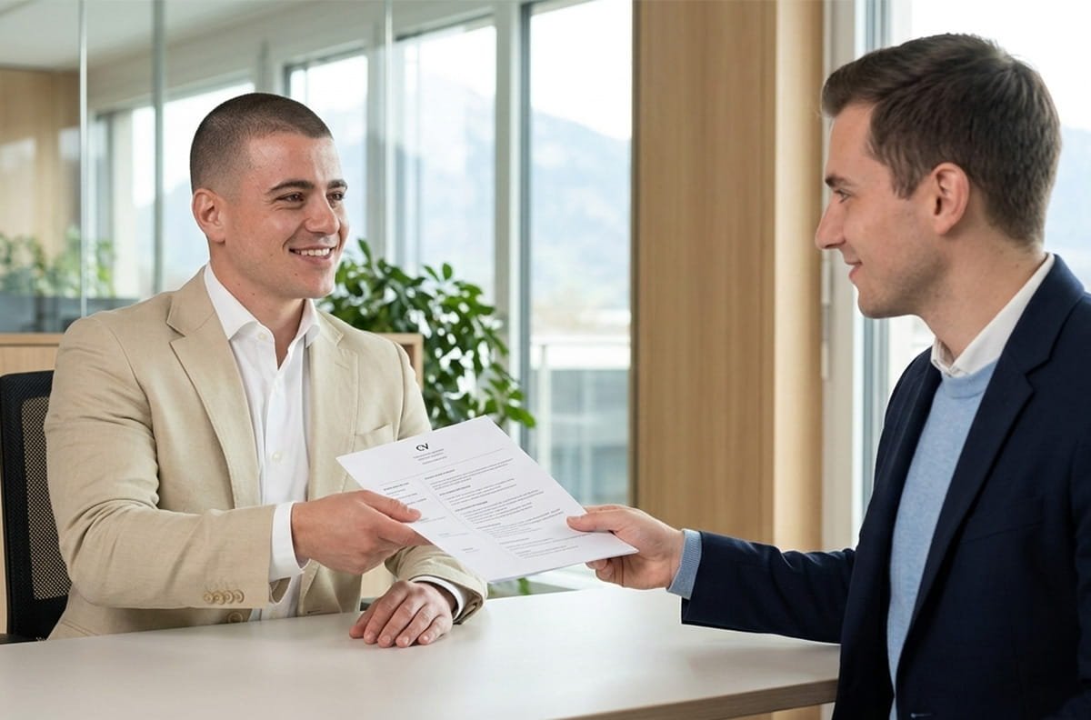 entregando curriculum para suiza